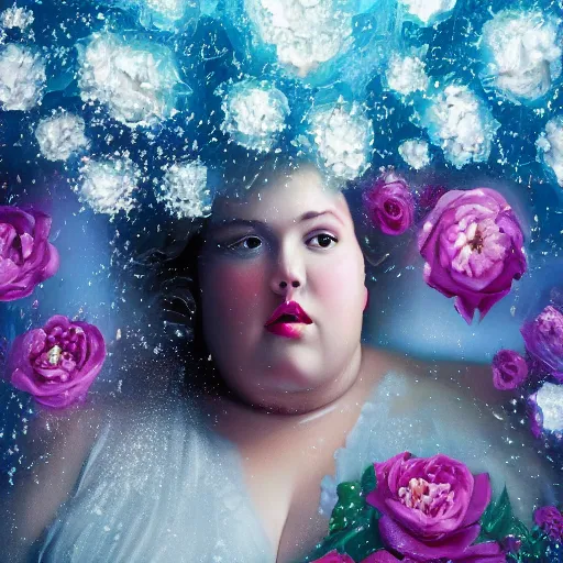 Image similar to the huge fat woman's head is on the in the closet, covered with ice and flowers. medium shot. beautiful colors, great lighting. fantastic movie scene. subsurface scattering shiny skin. beautiful lighting, 4 k post - processing, trending in art station, cg society, highly detailed, 5 k extremely detailed, 3 d. cinematic scene. sharp image.