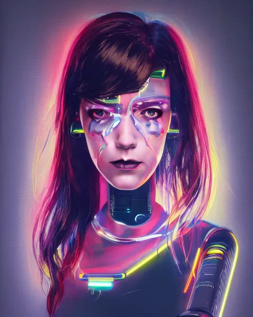 Image similar to dark portrait of a half - robot woman with circuits on her face, with cute - fine - face, pretty face, multicolored hair, realistic shaded perfect face, fine details by realistic shaded lighting poster by ilya kuvshinov katsuhiro otomo, magali villeneuve, artgerm, jeremy lipkin and michael garmash and rob rey