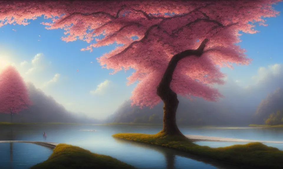Image similar to a beautiful landscape matte painting of cherry trees with petals flying in the sky, beside a river, by christophe vacher, trending on artstation