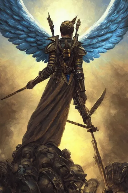 Prompt: A distant shot view from behind of soldier with angel wings with a blue and yellow flag behind him is standing on a pile of skulls in triumph after the battle, extended art, D&D, fantasy, intricate, elegant, highly detailed, digital painting, artstation, concept art, matte, sharp focus, illustration, art by Artgerm and Noah Bradley and Scott M Fischer and Greg Rutkowski and Alphonse Mucha