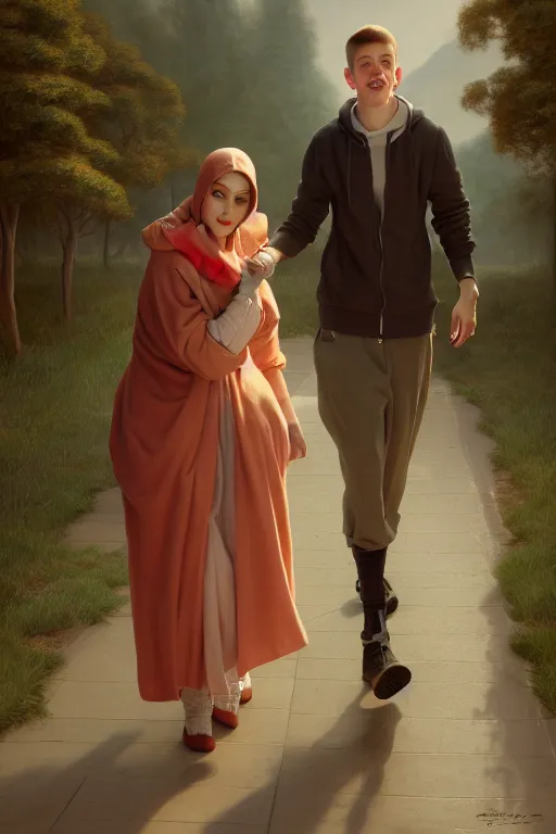 Image similar to Pete Davidson As A Short Midget Being Walked By Old Granny Kim Kardashian, illustration, soft lighting, soft details, painting oil on canvas by Edmund Blair Leighton and Charlie Bowater octane render, HDR, trending on artstation, 4k, 8k, HD