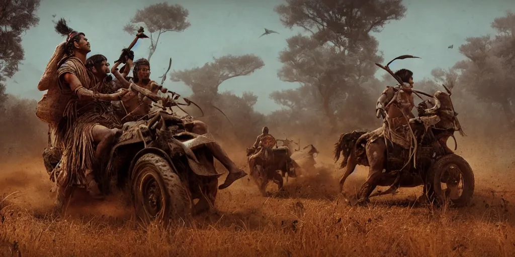 Prompt: photorealistic high speed photo ancient indian tribesman hunting on atv, chase of buffalo herd ,attacking, action scene, an epic fantasy, dramatic lighting, cinematic, establishing shot, extremely high detail, photorealistic, cinematic lighting, artstation, octane render, by simon stalenhag, horizon forbidden west,old photo, high speed photography, vintage, mad max