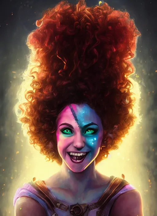 Image similar to an epic fantasy comic book style portrait painting of a girl wearing colorful makeup with a mischievous smile and curly brown hair stepping out of a doorway with light shining behind her, unreal 5, daz, hyperrealistic, octane render, cosplay, rpg portrait, dynamic lighting