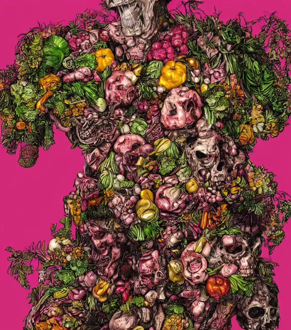 Prompt: hyper-detailed torso and head of a zombie punk made out of fruits, vegetables and large flowers in the Baroque style of Arcimboldo, crystalline skin, neon lighting, wide camera angle, dull pink background