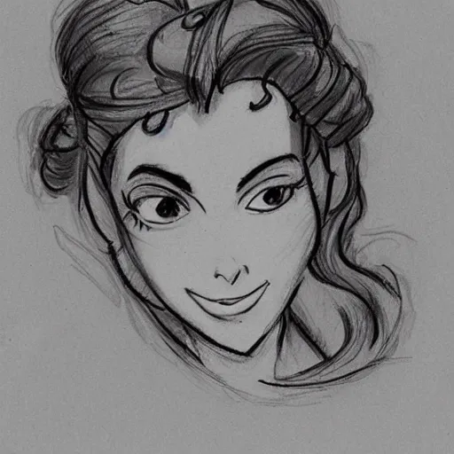 Image similar to milt kahl sketch of vanessa hudgeons with done up hair, tendrils covering face and ponytail as princess padme from star wars episode 3