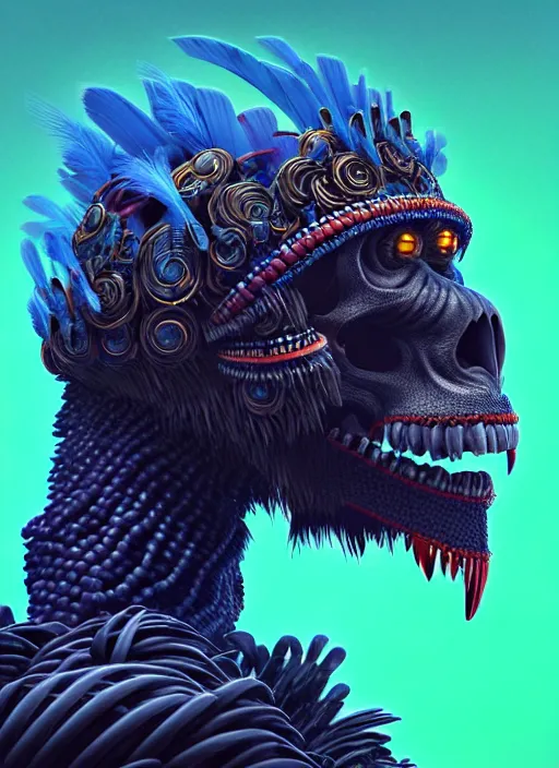 Image similar to 3 d ape shaman profile portrait, sigma 5 0 0 mm f / 5. beautiful intricate highly detailed quetzalcoatl skull and feathers. bioluminescent, plasma, lava, ice, water, wind, creature, thunderstorm! artwork by tooth wu and wlop and beeple and greg rutkowski, 8 k trending on artstation,