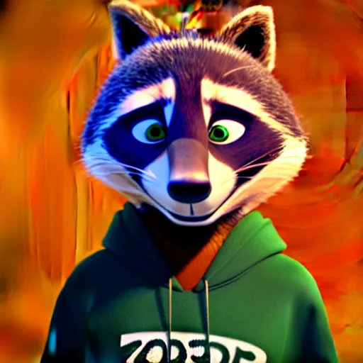 Image similar to a stoner with a black hoodie on with a marijuana themed dark green raccoon head from zootopia, 3 d, blender 3 d, render, extremely detailed, 8 k, stoned red eyes