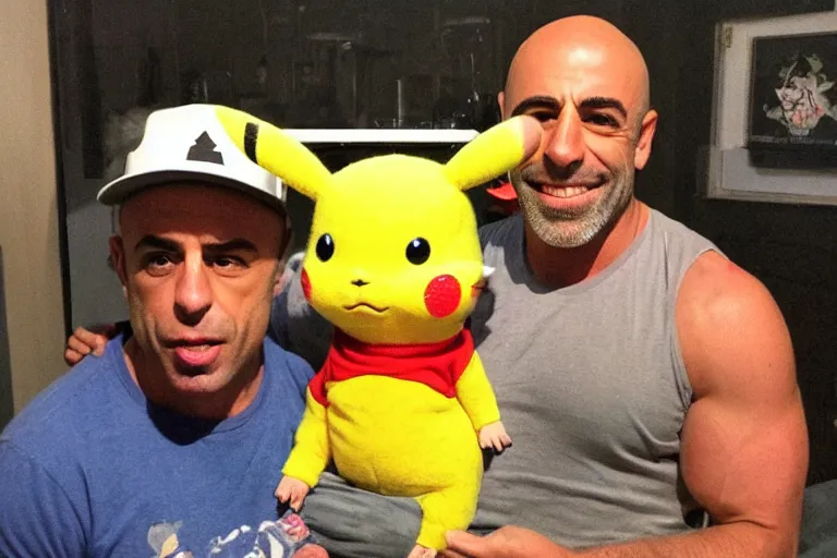 Image similar to joe rogan smoking weed with pikachu