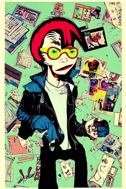 Image similar to nerdy goth guy, cluttered messy 9 0 s bedroom, by jamie hewlett, jamie hewlett art, vaporwave, 9 0 s aesthetic, 9 0 s vibe, concept art, full body character concept art, perfect face, detailed face,