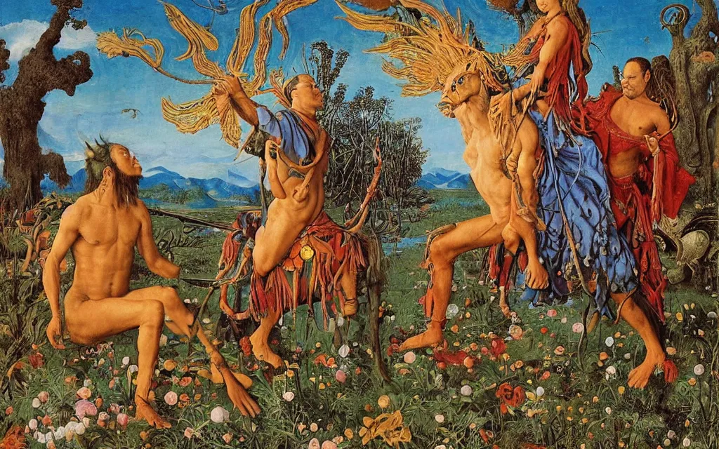 Image similar to a portrait photograph of a meditating shaman and a centaur monk riding a harpy and hunting at a river delta. surrounded by bulbous flowers and trees. mountain range under a blue sky of fiery stars. by jan van eyck, max ernst, ernst haeckel, ernst fuchs and artgerm, cgsociety, fashion editorial, 8 k