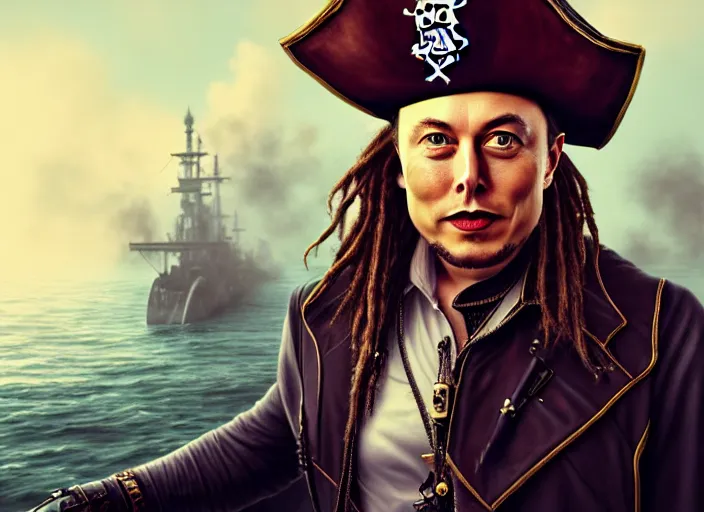 Prompt: highly detailed portrait of Elon Musk as a dread pirate captain, proudly posing at the helm of his frigate wearing a pirate hat, full body, artstation, cinematic lighting, hyperdetailed, cgsociety, 8k, high resolution, insanely detailed and intricate, concept art, smooth, sharp focus, illustration, art by John Collier and Albert Aublet and Krenz Cushart and Artem Demura and Alphonse Mucha