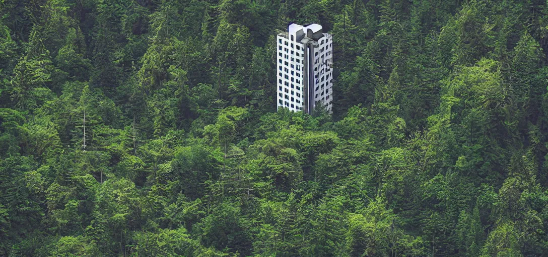 Prompt: lush cascadian forest, futurist fascist skyscraper, landscape designed by richard burle marx, photograph in architecture digest, greg rutkowski, canon ts - e 2 4 mm f / 3. 5 l ii ultra - wide tilt - shift lens, high resolution, 8 k