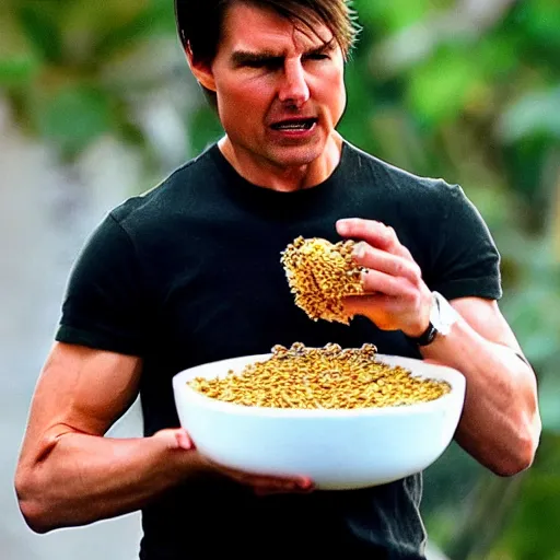 Prompt: Tom Cruise eating a bowl of bees