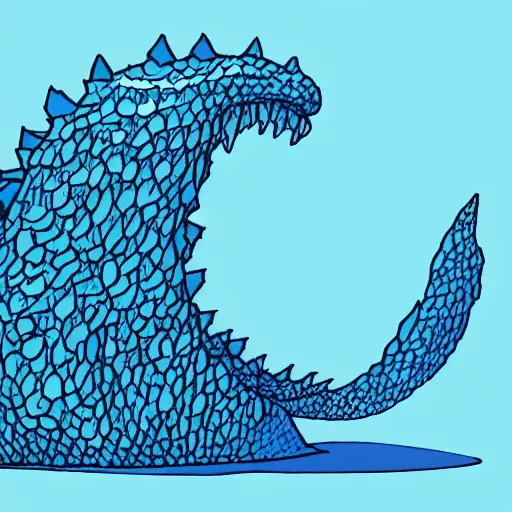 Image similar to a blue water wave in the silhouette shape of Godzilla, cartoon drawing