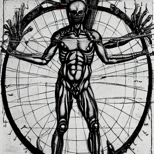 Image similar to a diagram of a xenomorph in the style of leonardo da vinci's vitruvian man