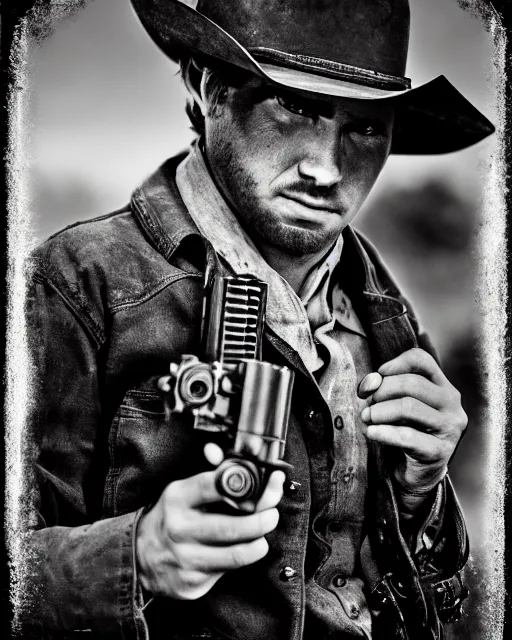 Image similar to portrait of cowboy holding realistic detailed colt revolver, black and white polaroid, western, high production value, intricate details, high resolution, hyperrealistic, hdr, high definition, award winning photography, masterpiece, ultra realistic, highly detailed, hd, sharp focus, cinematic lighting, shaded, non blurry, sharp, smooth