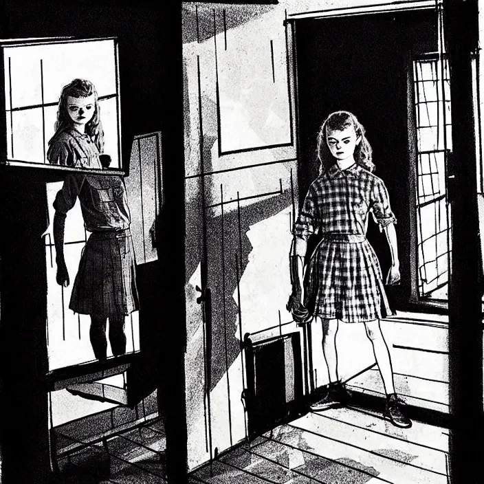 Image similar to [ sadie sink in dirty workmen clothes comes in ] [ a very dark dingy 1 9 6 0 s house ]. technique : black and white pencil and ink. by gabriel hardman, joe alves, chris bonura. cinematic atmosphere, detailed and intricate, perfect anatomy