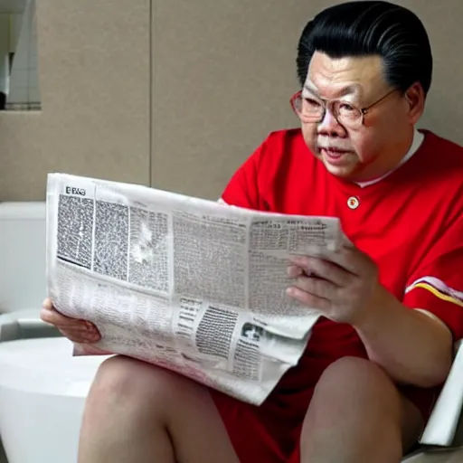 Prompt: Li Xin Jinping sitting on the toilet reading news paper, realistic detailed photography