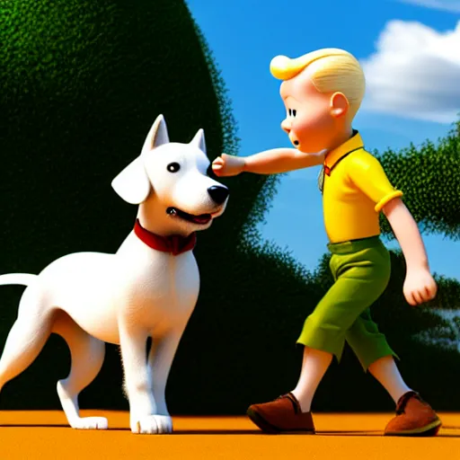 Prompt: tintin and his white fox terrier, depicted as a pixar character, high quality cg render, 8 k