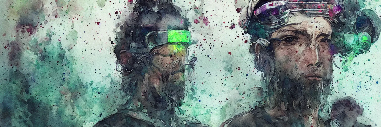 Image similar to plant based warrior monk wearing augmented reality visor while meditating by Jean-Baptiste Monge, post processing, painterly, book illustration watercolor granular splatter dripping paper texture. Trending on artstation, post processing, pen and ink work. sharp focus.