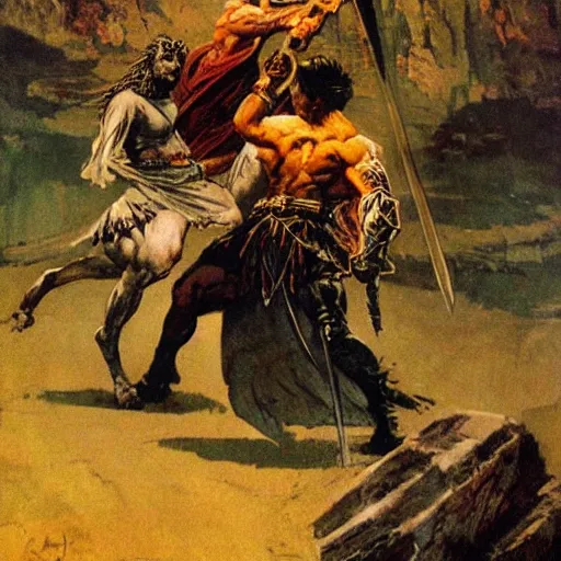 Prompt: King arthur pulling the sword from the stone by frank frazetta