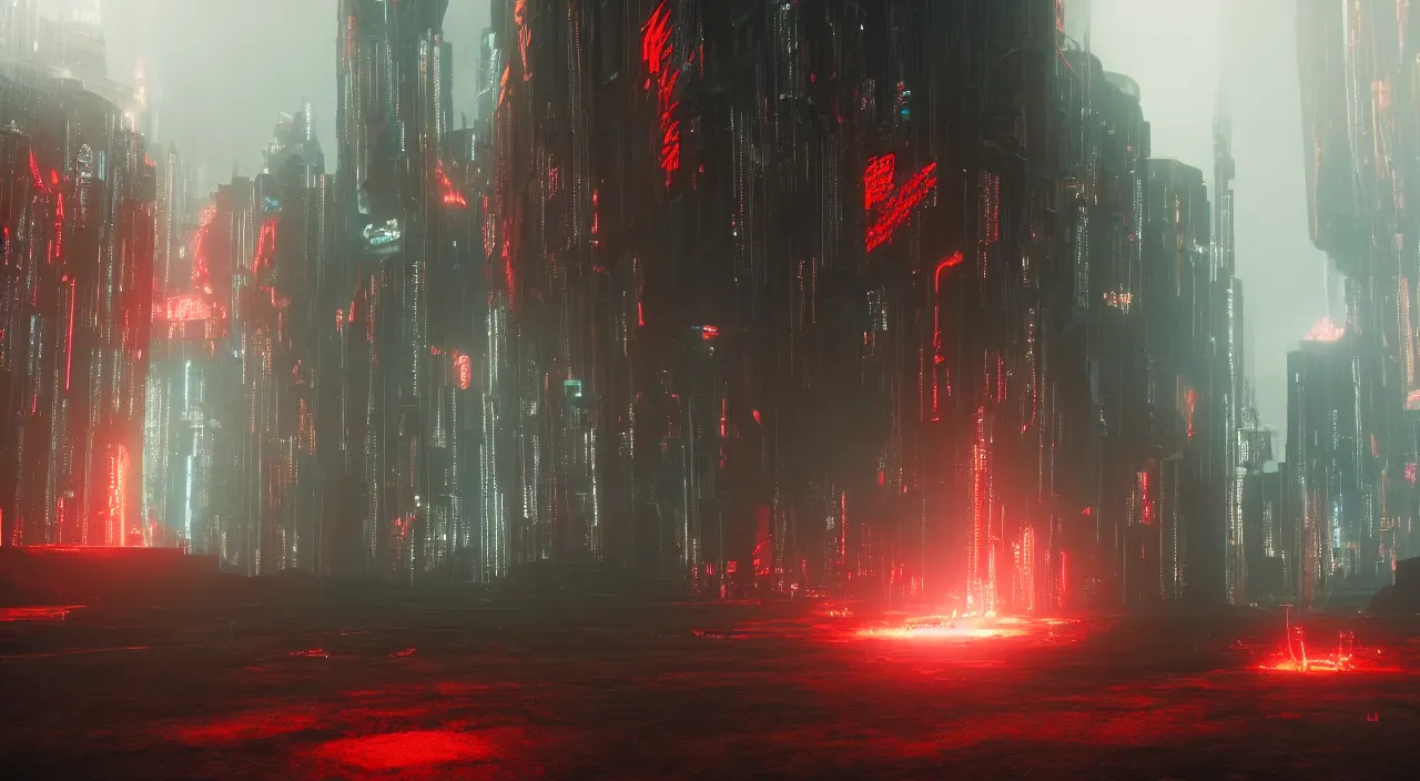 Image similar to cyberpunk gates of hell in purgatory, cinematic lighting, hyper realistic, 8 k photography, octane render