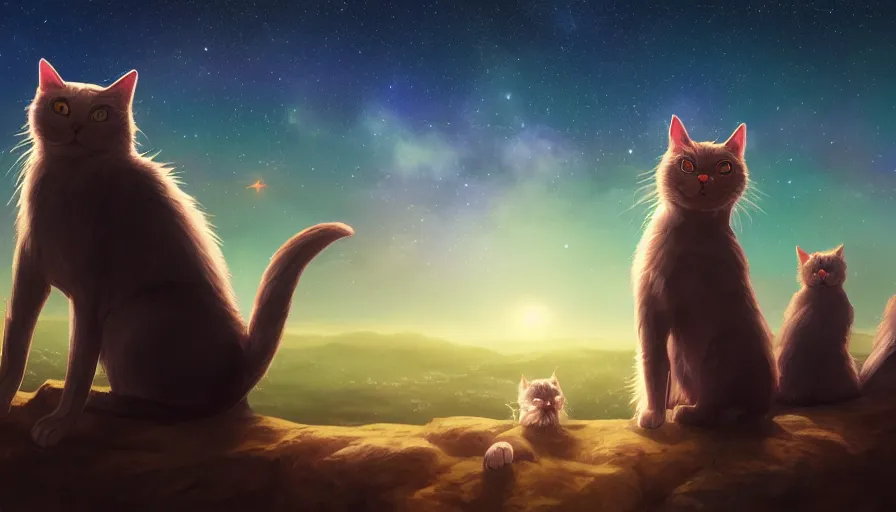 Prompt: cats on the hill looking at the stars in the sky together at night, moon and stardusts, hyperdetailed, artstation, cgsociety, 8 k