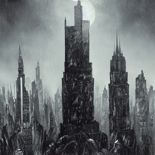 Prompt: A picture of Gotham City, Batman can be seen standing on the roof of a building in the background in the style of Zdzislaw Beksinski