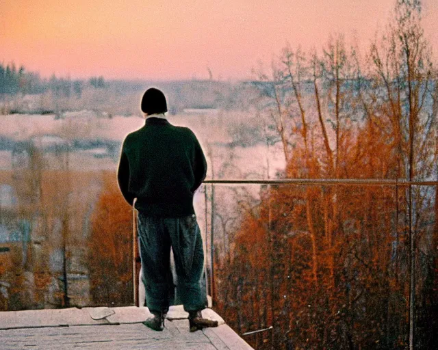 Image similar to award - winning lomographic tarkovsky film still of 4 0 years russian man with beard and sweater standing on small hrushevka 9 th floor balcony in taiga looking at sunset, kodak ektar, bokeh