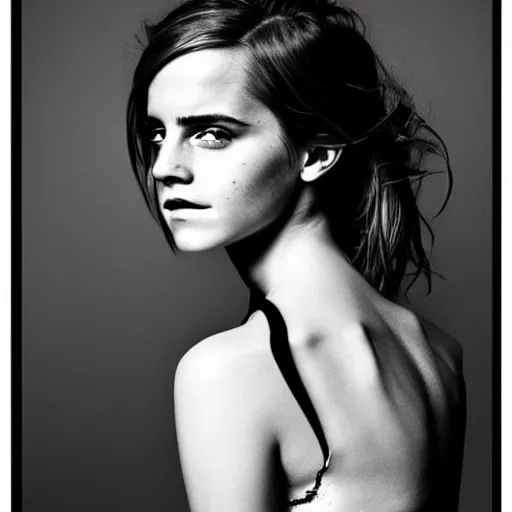 Image similar to Emma Watson closeup face shoulders very long hair hair slightly open lips Vogue fashion shoot by Peter Lindbergh fashion poses detailed professional studio lighting dramatic shadows professional photograph by Cecil Beaton, Lee Miller, Irving Penn, David Bailey, Corinne Day, Patrick Demarchelier, Nick Knight, Herb Ritts, Mario Testino, Tim Walker, Bruce Weber, Edward Steichen, Albert Watson