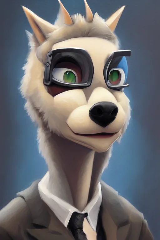 Image similar to oil painting of anthromorphic female wolf, in style of cory loftis, female fursona, furry, furaffinity, 4 k, deviantart, furry art, fursona art, wearing black business suit, business suit, in style of cory loftis, wolf fursona, cyberpunk, female, very expressive detailed feminine face,