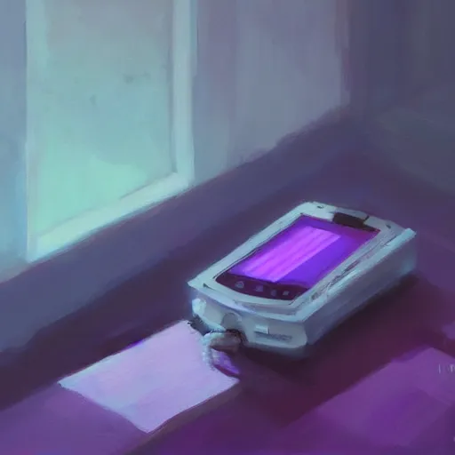 Prompt: chill purple old phone aesthetic, oil painting, pale colors, high detail, 8 k, wide angle, trending on artstation,