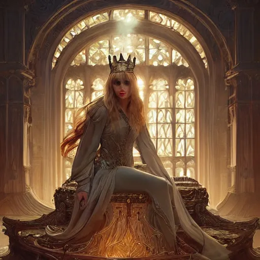 Image similar to Taylor Swift sitting on a majestic throne wearing a crown, D&D style, fantasy, intricate, elegant, highly detailed, digital painting, artstation, concept art, matte, sharp focus, illustration, art by Artgerm and Greg Rutkowski and Alphonse Mucha