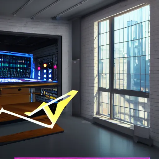 Image similar to Virtual Reality music studio Ableton Live theme concept, light rays coming out of the windows, Paris loft style, raytracing, highly detailed, futuristic, unreal engine 5, photoscan