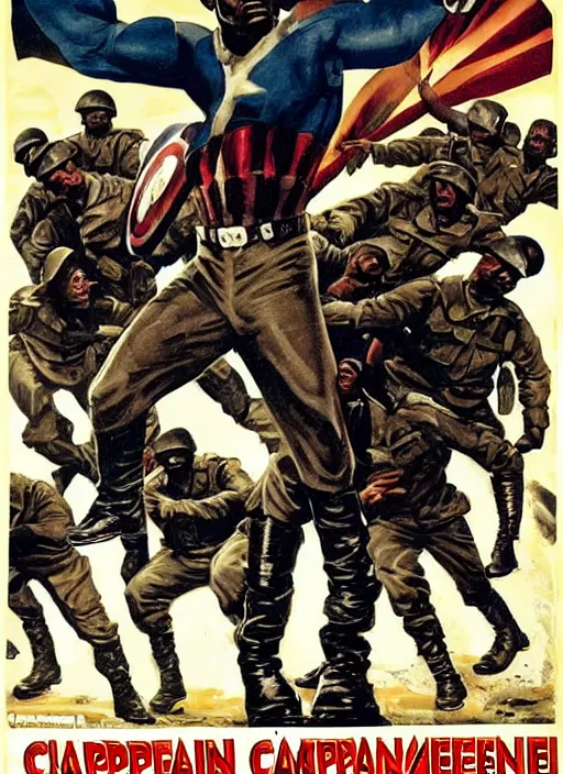 Image similar to black captain america standing on a pile of defeated german soldiers. black captain america wins wwii. american wwii propaganda poster by james gurney