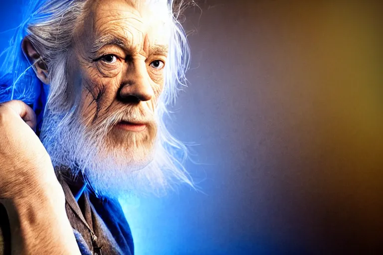 Prompt: gandalf intensely focused playing xbox, gamers chair, close up of face, high details, wrinkles, shadows, low angle photograph, face lighted by monitor, blue lighting, dark room, photo by annie leibovitz