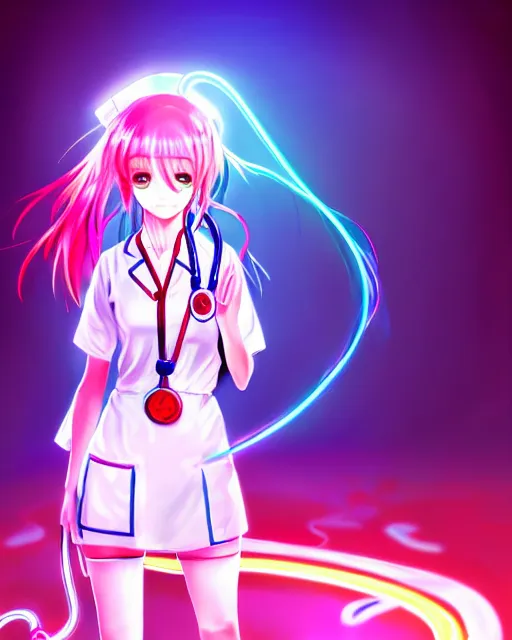 Prompt: anime style, vivid, expressive, full body, 4 k, painting, a cute magical girl with a long wavy hair wearing a nurse outfit, stunning, realistic light and shadow effects, neon lights, centered, simple background, studio ghibly makoto shinkai yuji yamaguchi