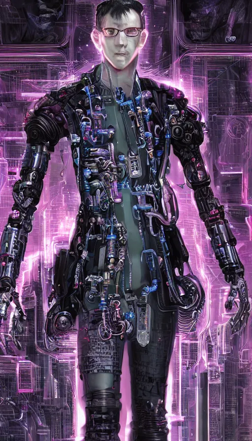 Image similar to full body head to toe portrait of a cyberpunk sci-fi cyborg netrunner bionic man, third person, D&D, sci-fi fantasy, matrix , intricate, black with shiny silver and pink fringe highlights, highly detailed, art by Range Murata, highly detailed, 3d, octane render, bright colors, digital painting, trending on artstation, sharp focus, illustration style of Stanley Artgerm, dramatic background