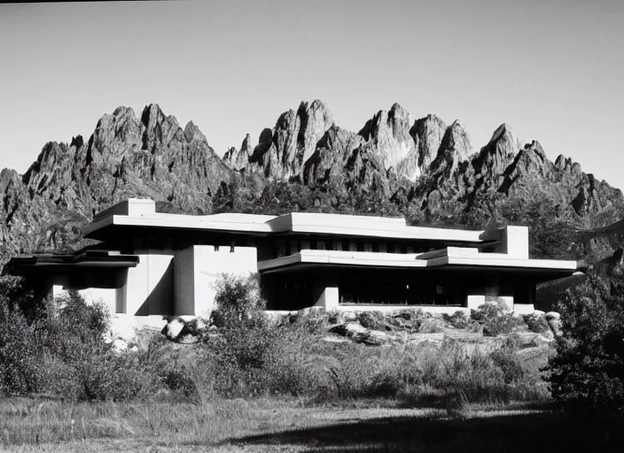 Image similar to photograph of a frank lloyd wright house in front of beautiful mountains by ansel adams, 2 0 0 mm, color film camera, pentax