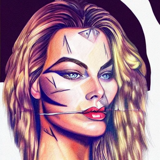 Prompt: face morph tattoo design sketch of margot robbie blended with beautiful mountain scenery, in the style of chris mataafa, amazing detail