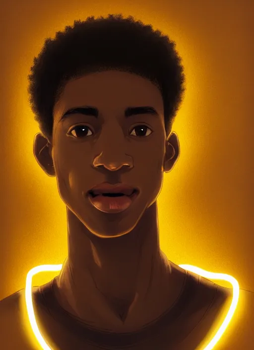 Image similar to portrait of chuck clayton, lightskin black teenage boy, very short curly hair, very short hair, short hair, strong jawline, square jaw, slight smile, reading archie comic, intricate, elegant, glowing lights, highly detailed, digital painting, artstation, concept art, smooth, sharp focus, illustration, art by wlop, mars ravelo and greg rutkowski