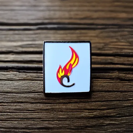 Image similar to a diamond enamel pin depicting a minimalistic illustration fire flames warning label, smooth curves