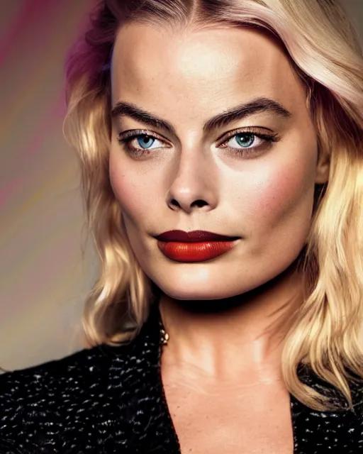 Image similar to dramatic line portrait of margot robbie, colorful glow