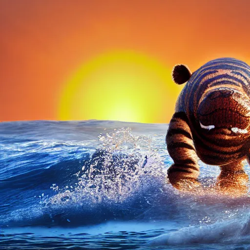 Image similar to a closeup photorealistic photograph of a cute smiling knitted tiger hippopotamus chasing a beachball at sunset. surf in the background. professional capture. this 4 k hd image is trending on artstation, featured on behance, well - rendered, extra crisp, features intricate detail, epic composition and the style of unreal engine.