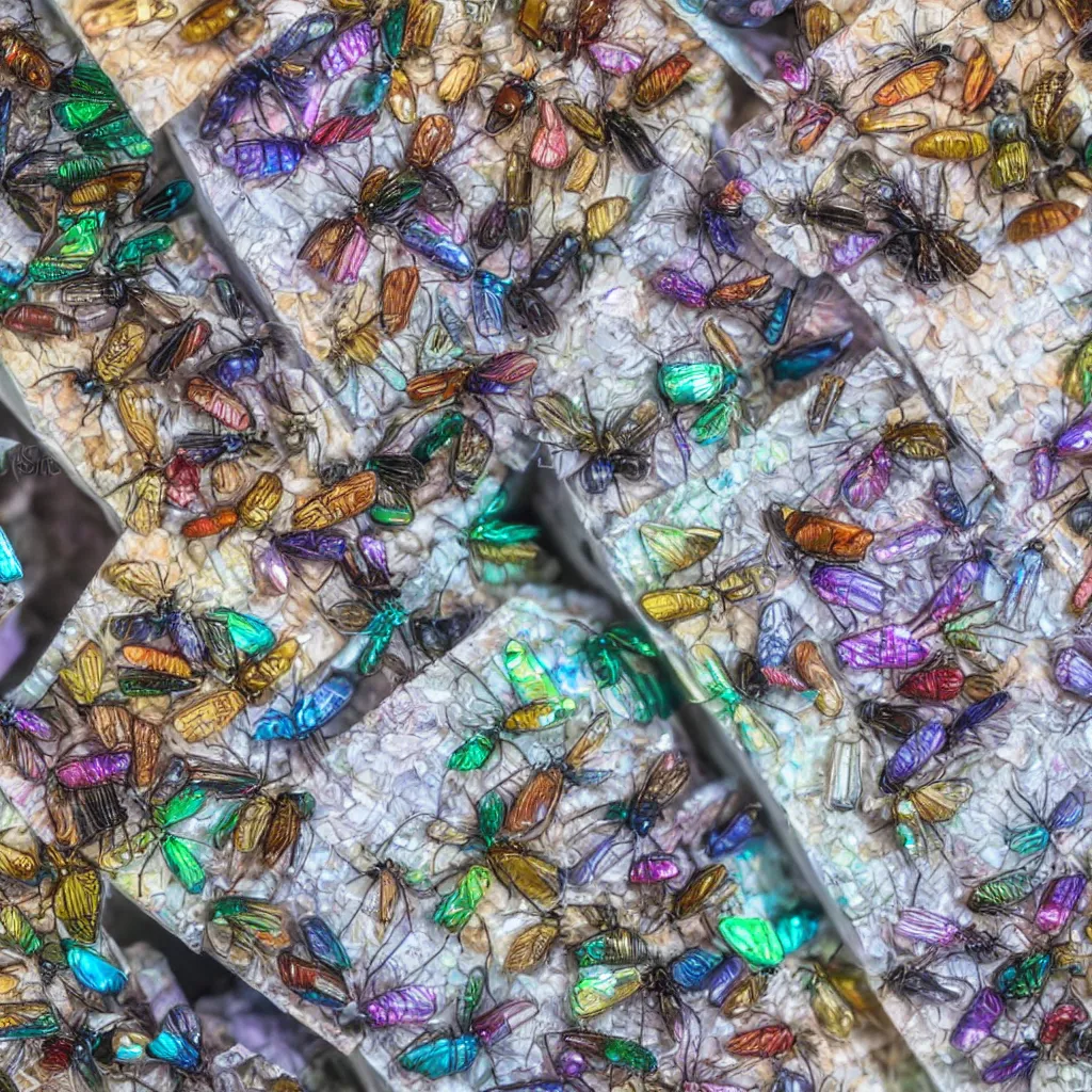 Prompt: a small collection of iridescent insects, inside boxes with newspaper. top down photo, close macro photo. studio photo, 8k