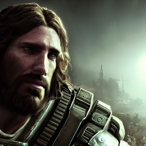 Image similar to Portrait of Jesus Christ in Gears of War, splash art, movie still, cinematic lighting, dramatic, octane render, long lens, shallow depth of field, bokeh, anamorphic lens flare, 8k, hyper detailed, 35mm film grain