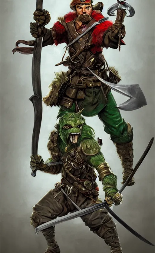 Image similar to strong young man, photorealistic bugbear ranger holding sword, fire magic, black beard, dungeons and dragons, pathfinder, roleplaying game art, hunters gear, jeweled ornate leather and steel armour, concept art, character design on white background, by norman rockwell, makoto shinkai, kim jung giu, artstation trending, poster art, colours red and green