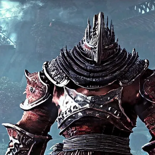 Image similar to screenshot of a unique boss from darksouls 3. It is wearing colored armour and has a very muscular physique