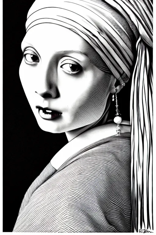 Image similar to beautiful portrait of a woman, negative no not the girl with a pearl earring, highly detailed ink illustration, b & w clean shaped illustration by kim jung gi, ric estrada, ron english and eiichiro oda