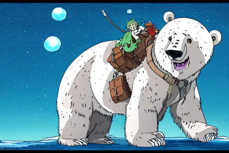 Image similar to cell shaded cartoon of a giant lovecraftian polar bear from howl's moving castle ( 2 0 0 4 ), with a mechanical city on his back as a backpack, on an icy road, full body, wide shot, very muted colors, post grunge, studio ghibli, highly detailed, deviantart, art by artgem